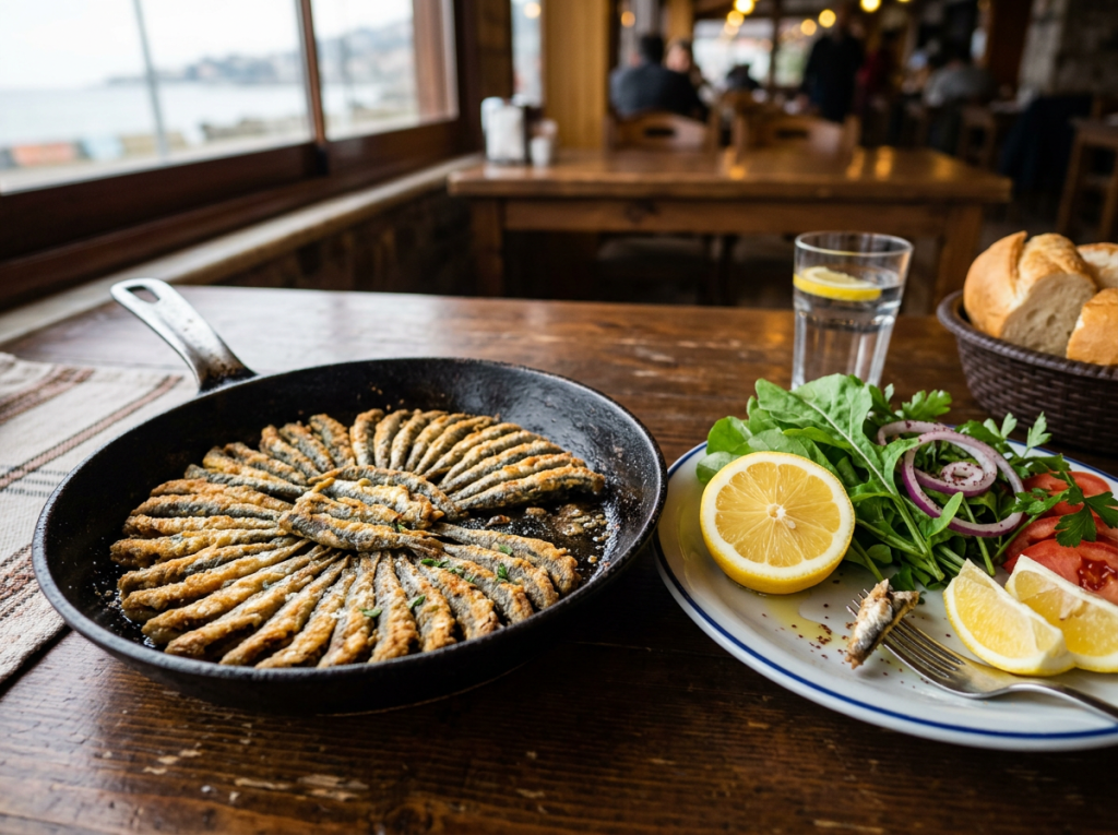 Skillet with arranged fried fish next to plate with salad, lemon wedges, and bread basket