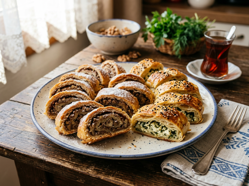 Plate with sliced nut rolls dusted with powdered sugar and spinach cheese pastry topped with sesame seeds alongside a glass of Turkish tea