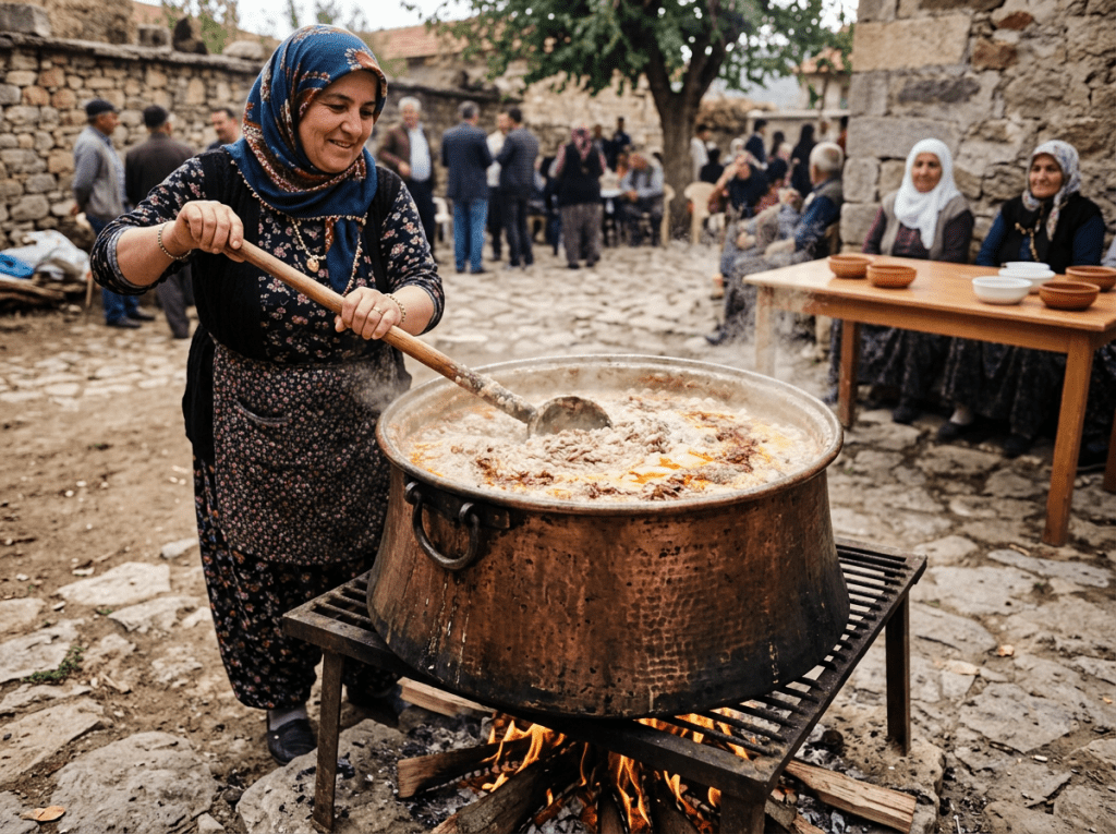 Woman stirring large pot of food outdoors over open fire at community event