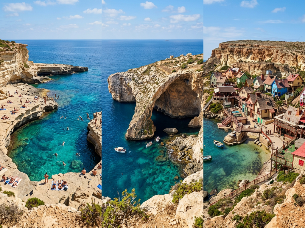 Natural swimming pool with people, rock arch over blue sea, colorful village along rocky coastline