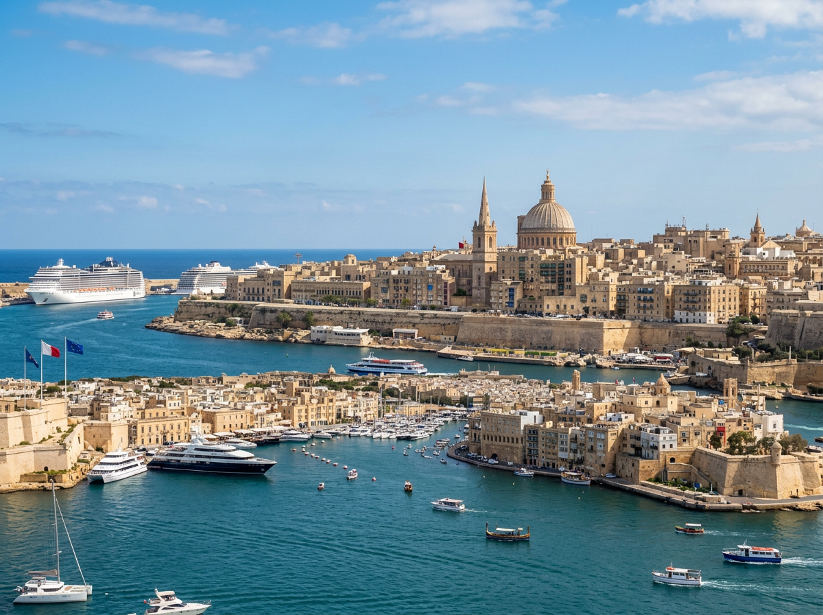 Harbor with various boats and historic city with domed cathedral in the background