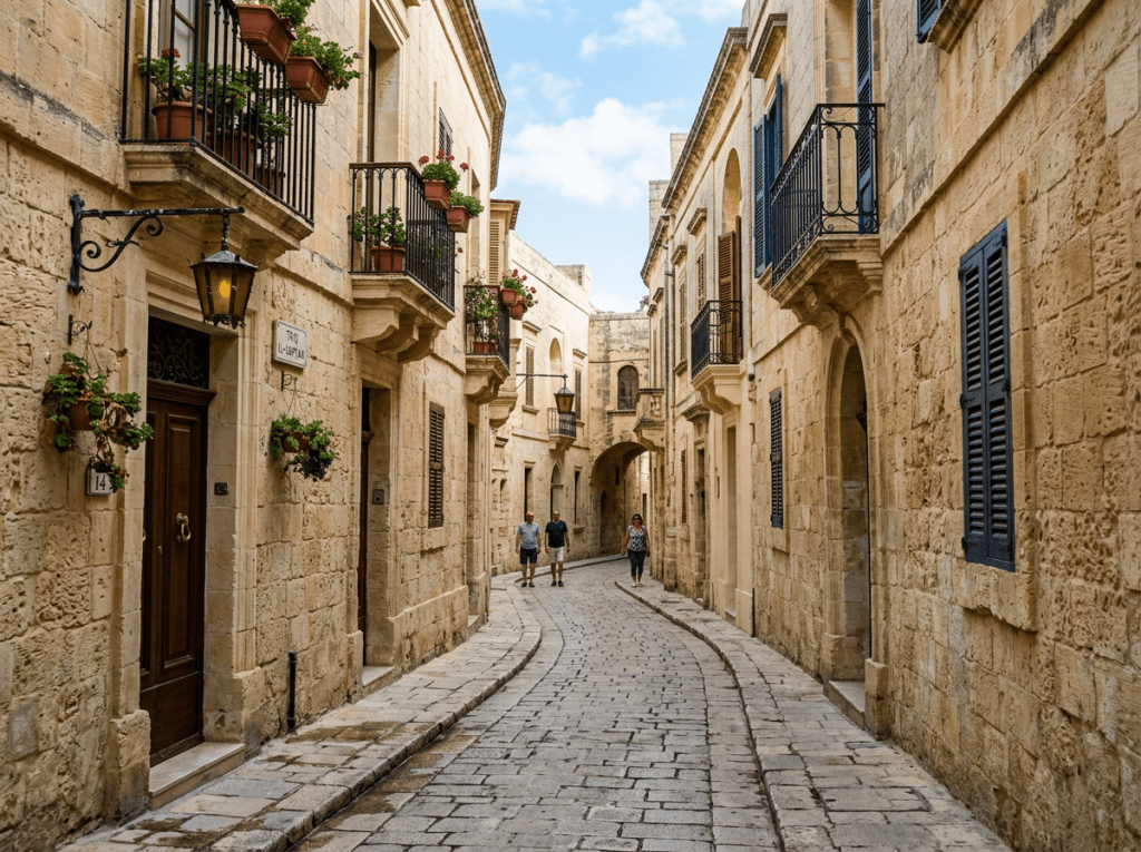 Narrow cobblestone street with stone buildings and balconies decorated with plants and flowers