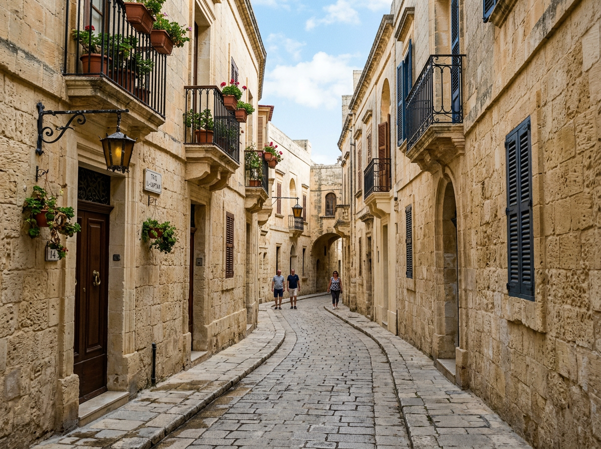 Narrow cobblestone street with stone buildings and balconies decorated with plants and flowers