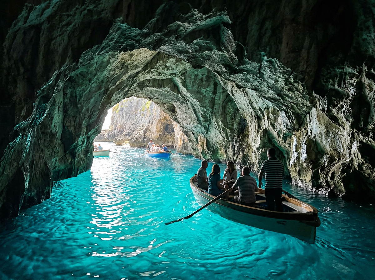 People in rowing boats inside a bright blue sea cave