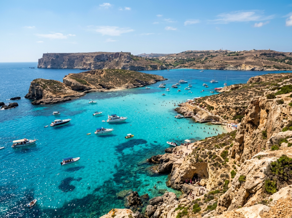 Turquoise bay with boats anchored and people swimming near rocky shores