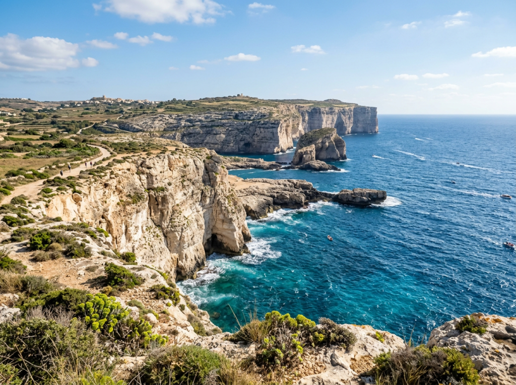 Limestone cliffs along Mediterranean coastline with turquoise sea and boats
