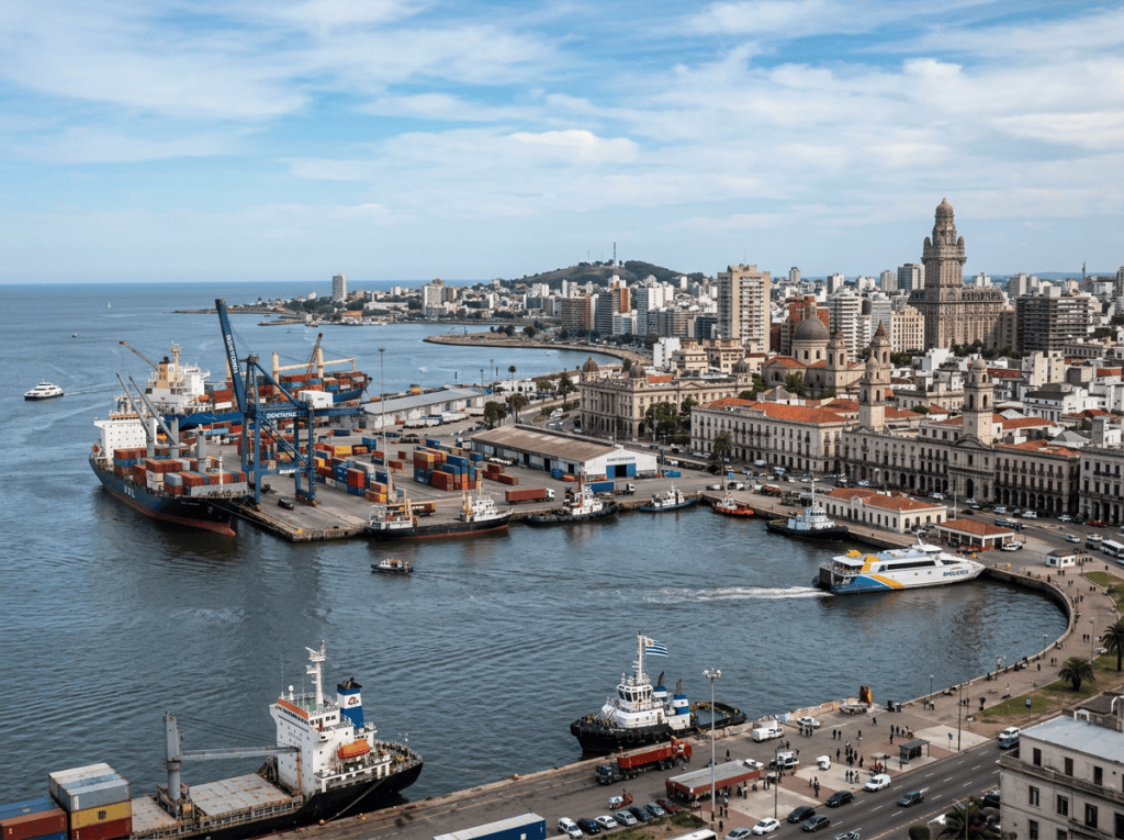 Port with cargo ships, cranes, container stacks, boats, and city buildings