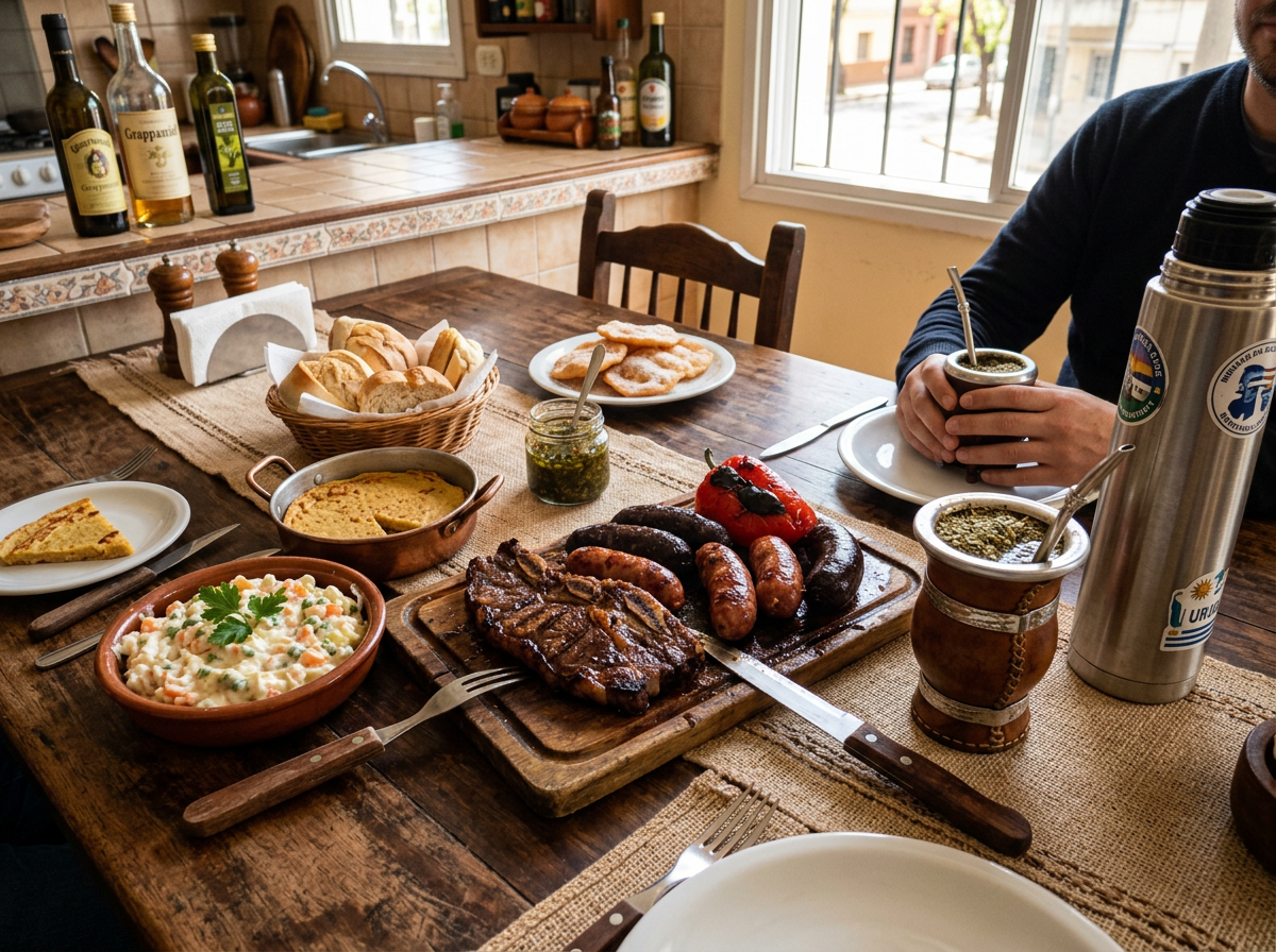 Table with grilled meats, sausages, salad, bread, chimichurri, and mate drinkware