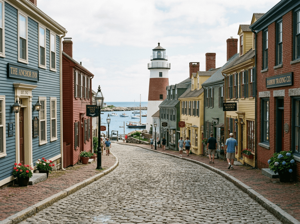Cobblestone street lined with colorful historic buildings leading to a red and white lighthouse near the ocean