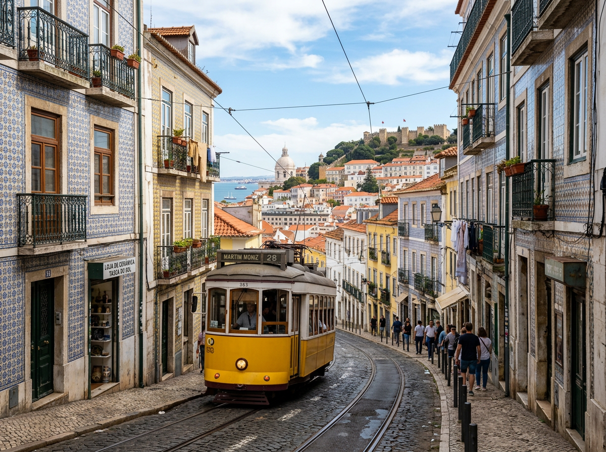 Yellow vintage tram on a steep cobblestone street lined with tiled buildings in Lisbon