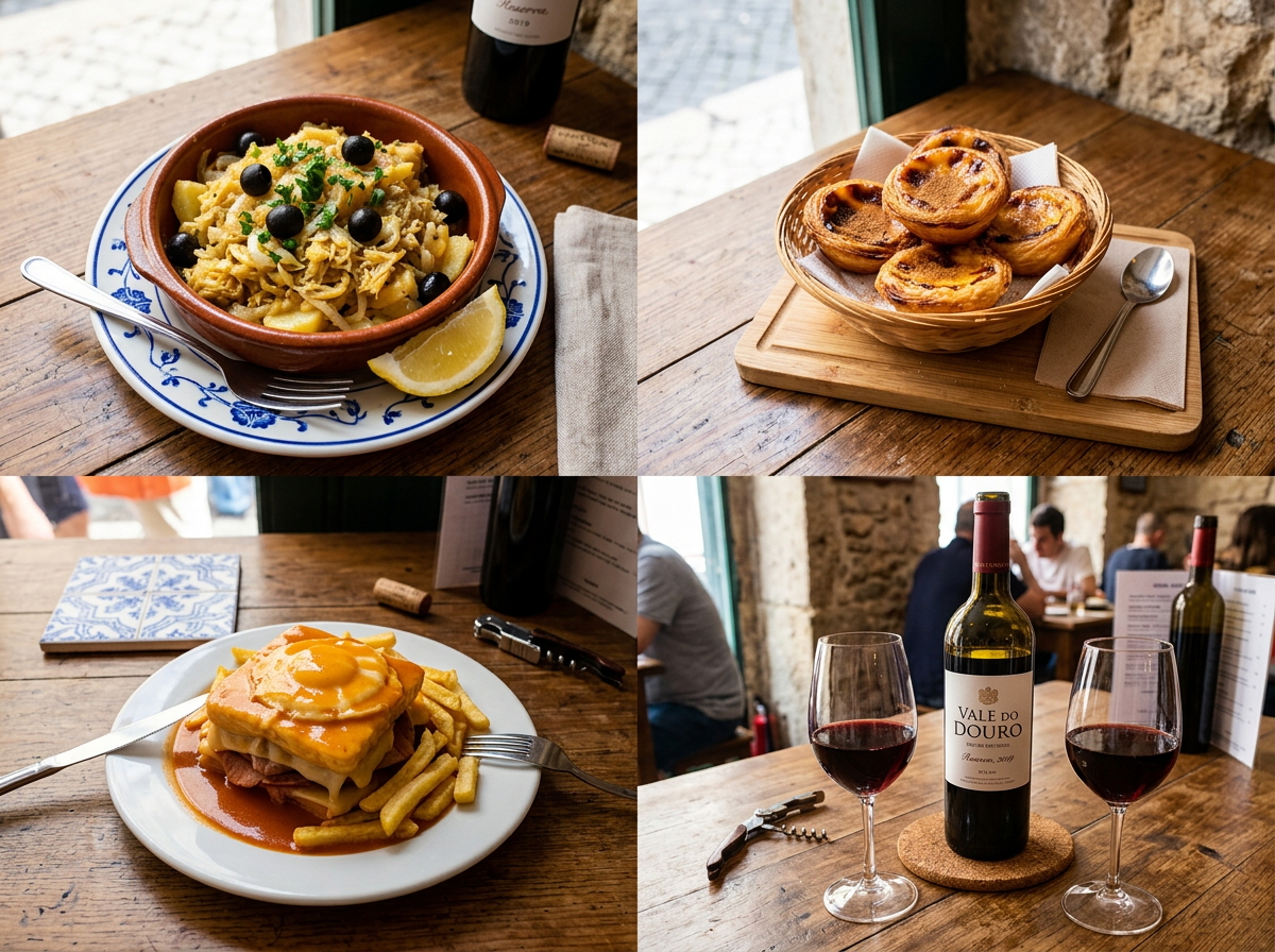 Portuguese dish with olives and potatoes, custard pastries, Francesinha sandwich with fries, bottle of red wine and two glasses