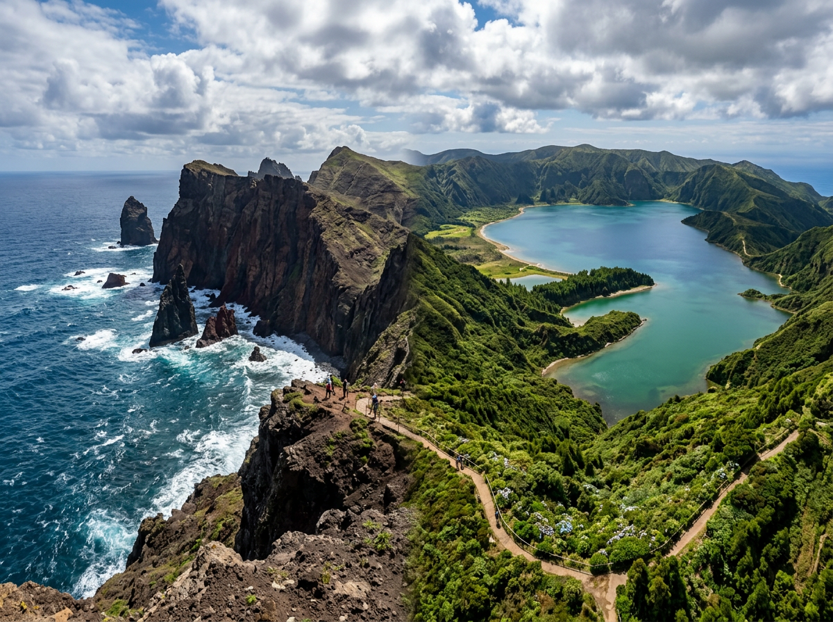 Volcanic island coastline with rugged cliffs, ocean waves, and a crater lake surrounded by greenery