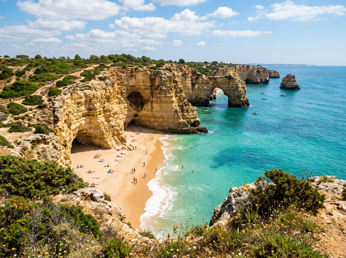 Sandy beach with people swimming and sunbathing next to rocky sea caves and clear turquoise ocean under a blue sky
