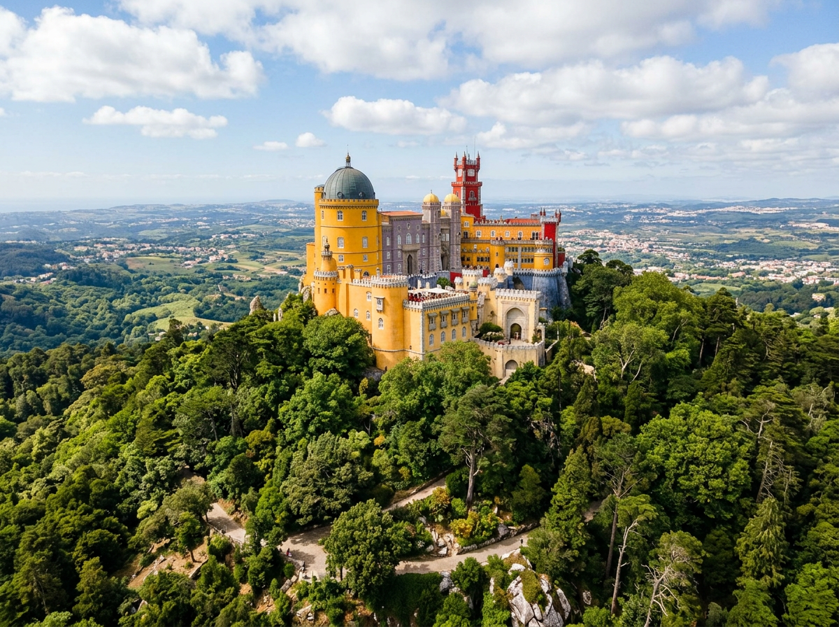 Pena Palace with red and yellow sections surrounded by green forest on a hill
