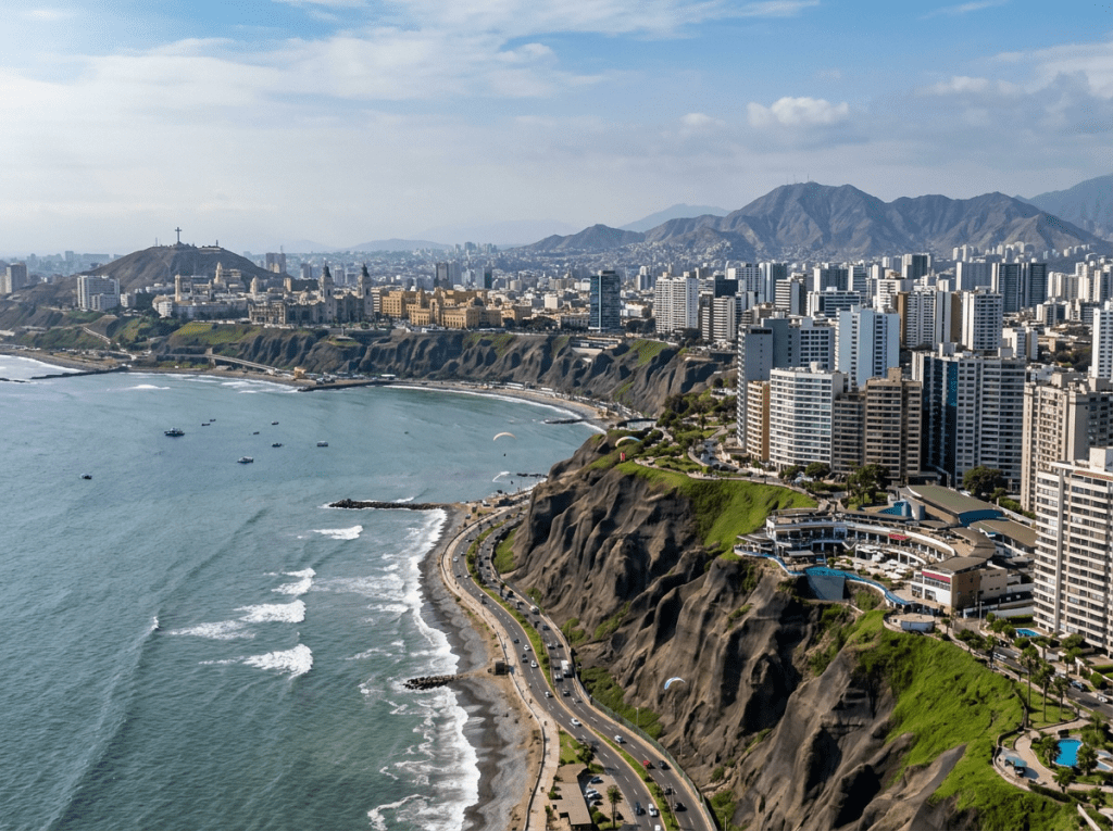 Coastline of Lima Peru with cliffs, roads, and city buildings with mountains in background