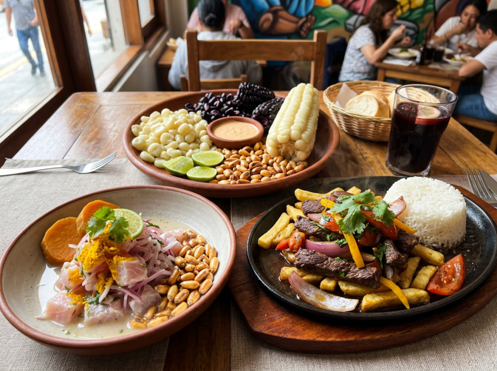 Peruvian dishes including ceviche with peanuts, lomo saltado with fries and rice, and various corn and bean sides on wooden table