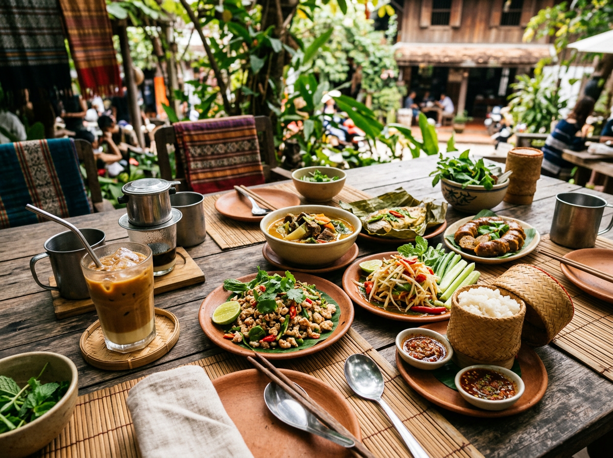 Assorted Thai dishes including papaya salad, rice in a woven container, meat dishes, and iced coffee on a wooden table