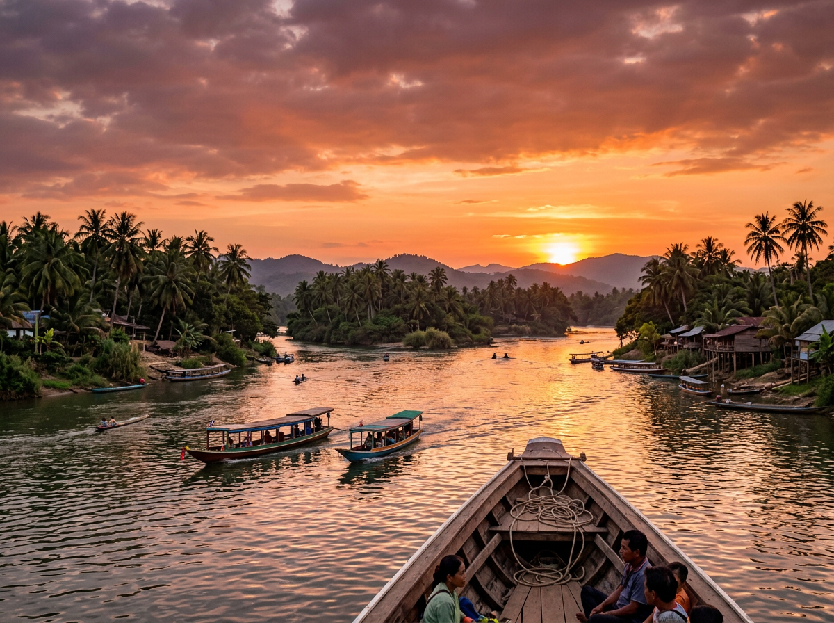 Boat carrying people on a river with palm trees and sunset in background