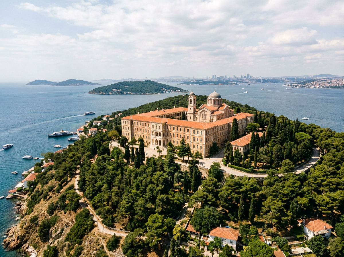 Historic monastery with red roofs on forested island surrounded by blue sea and boats