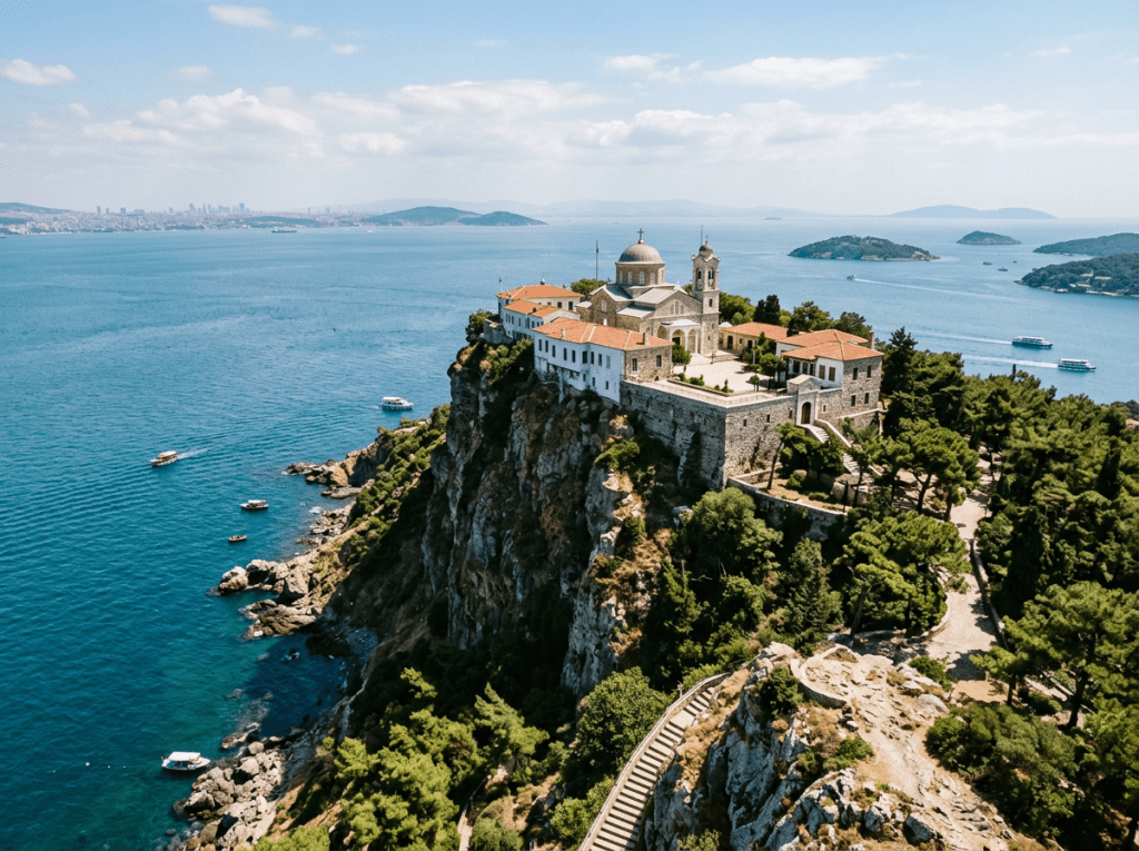Monastery with terracotta roofs on coastal cliff surrounded by sea and boats