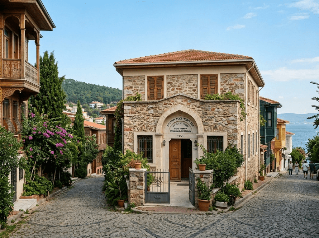 Stone synagogue building with Israeli flag and cobblestone streets leading downhill by the sea