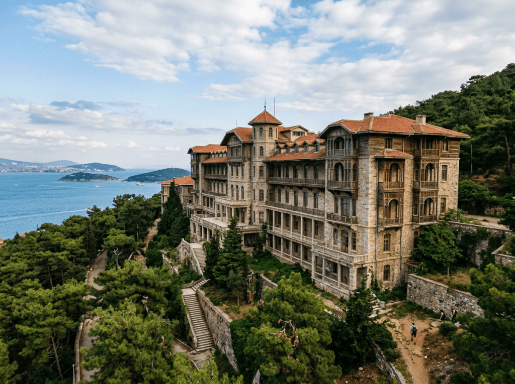 Historic stone monastery with red roofs surrounded by pine trees near the sea