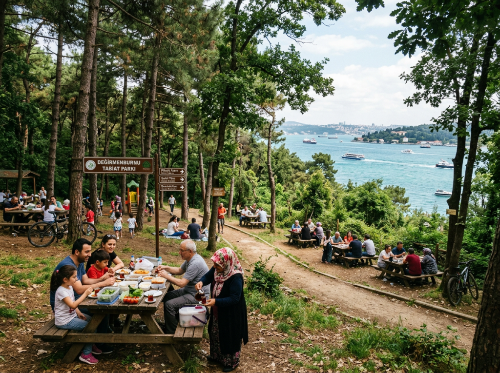 Families sitting at picnic tables in Degirmenburnu Nature Park with forest and Bosphorus view