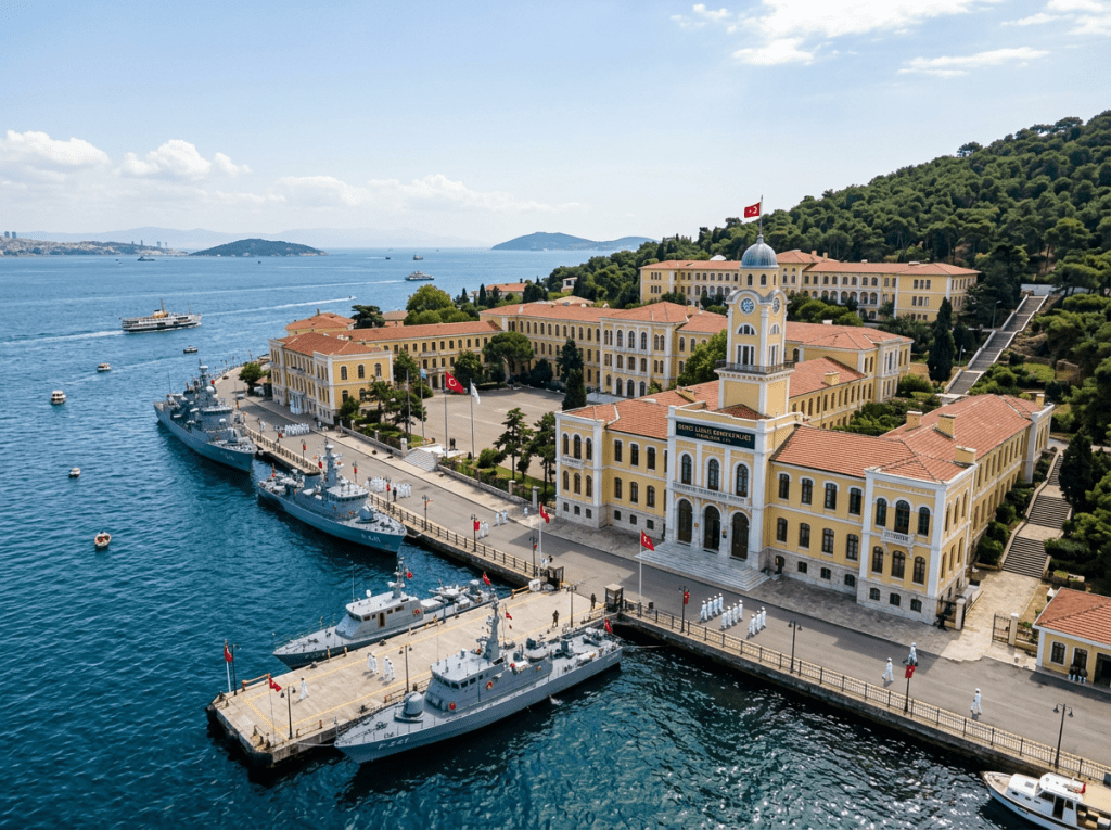 Large yellow naval academy building with clock tower beside docked warships and personnel