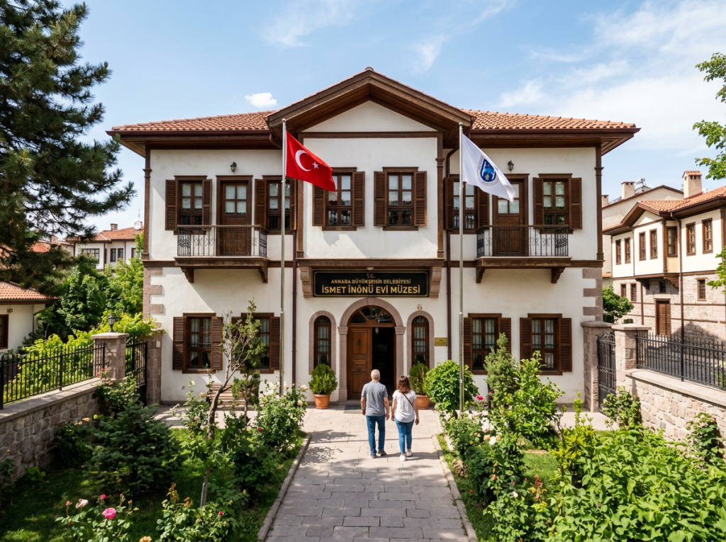 Entrance of Ismet İnönü House Museum with Turkish flag and visitors walking in