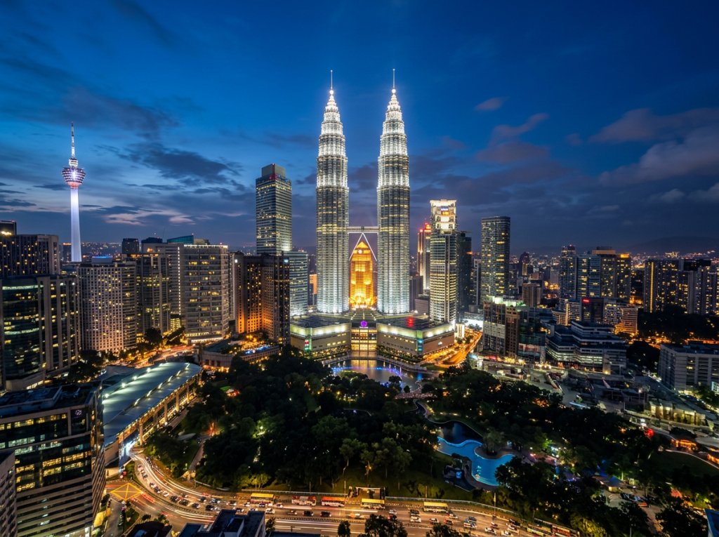 Petronas Twin Towers and city skyline illuminated at dusk in Kuala Lumpur