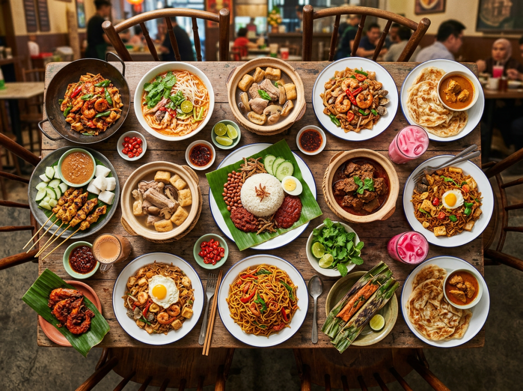 Variety of Malaysian dishes including noodles, rice with sambal, skewers, curry, and beverages on a wooden table.