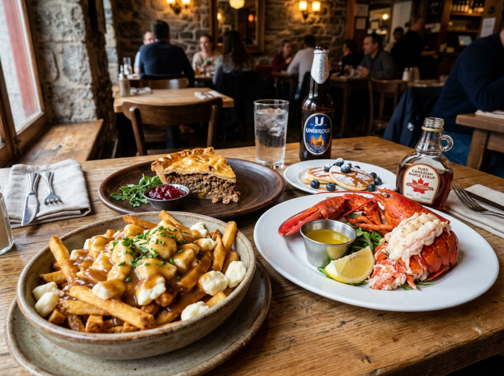 Poutine, tourtière pie, lobster with butter, mini pancakes with blueberries and maple syrup, beer, and water on a wooden table