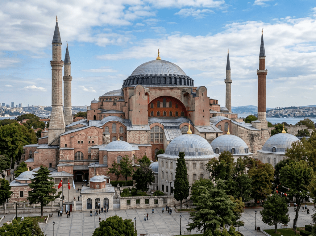 Hagia Sophia historic building with large central dome and four minarets