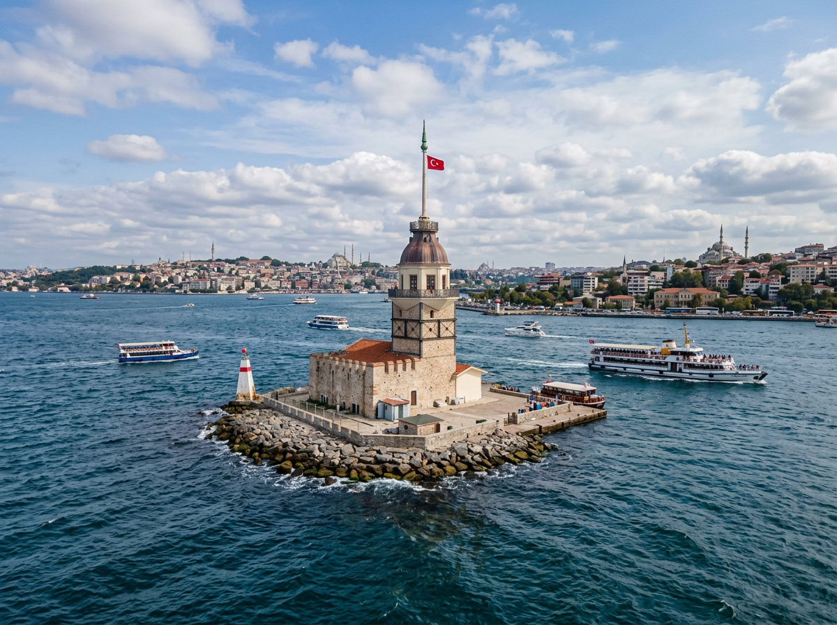 Maiden's Tower on a rocky islet surrounded by water with boats and Istanbul city skyline