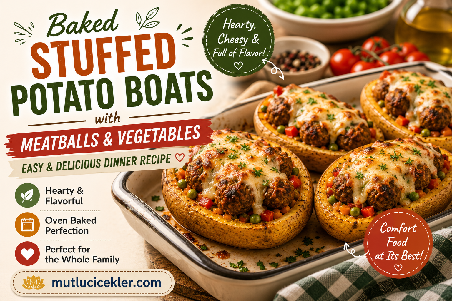 Baked Stuffed Potato Boats with Meatballs and Vegetables