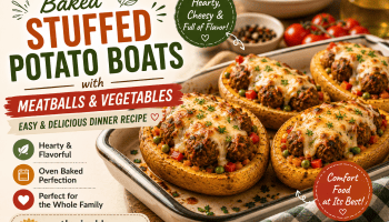 Baked Stuffed Potato Boats with Meatballs and Vegetables