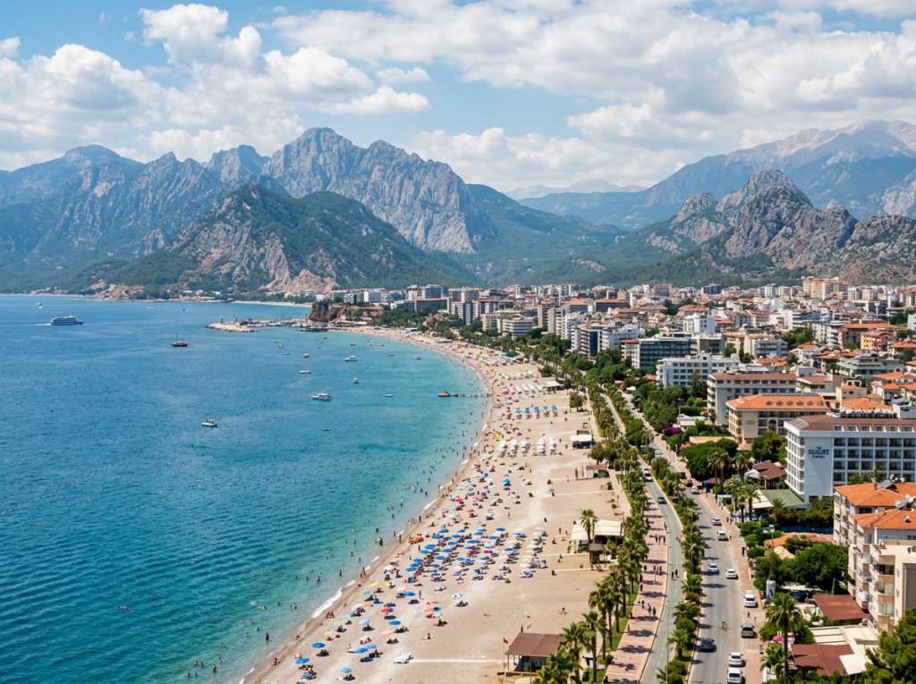Coastal city beach with umbrellas and swimmers, backed by mountains