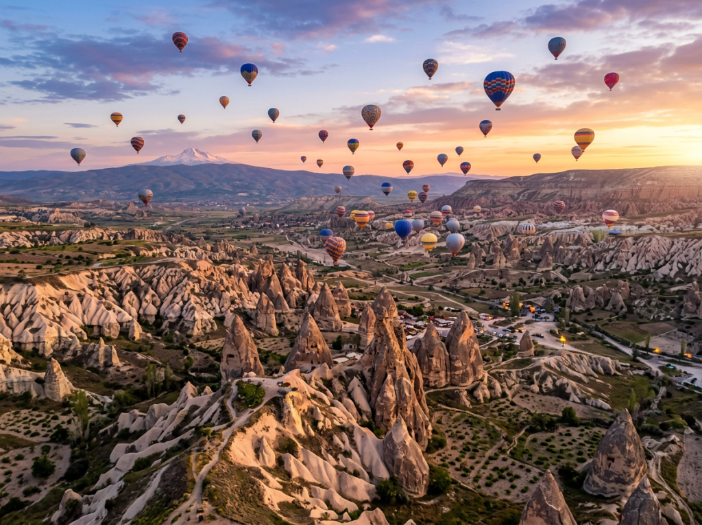 Hot air balloons flying over rocky landscape with cone-shaped formations at sunrise
