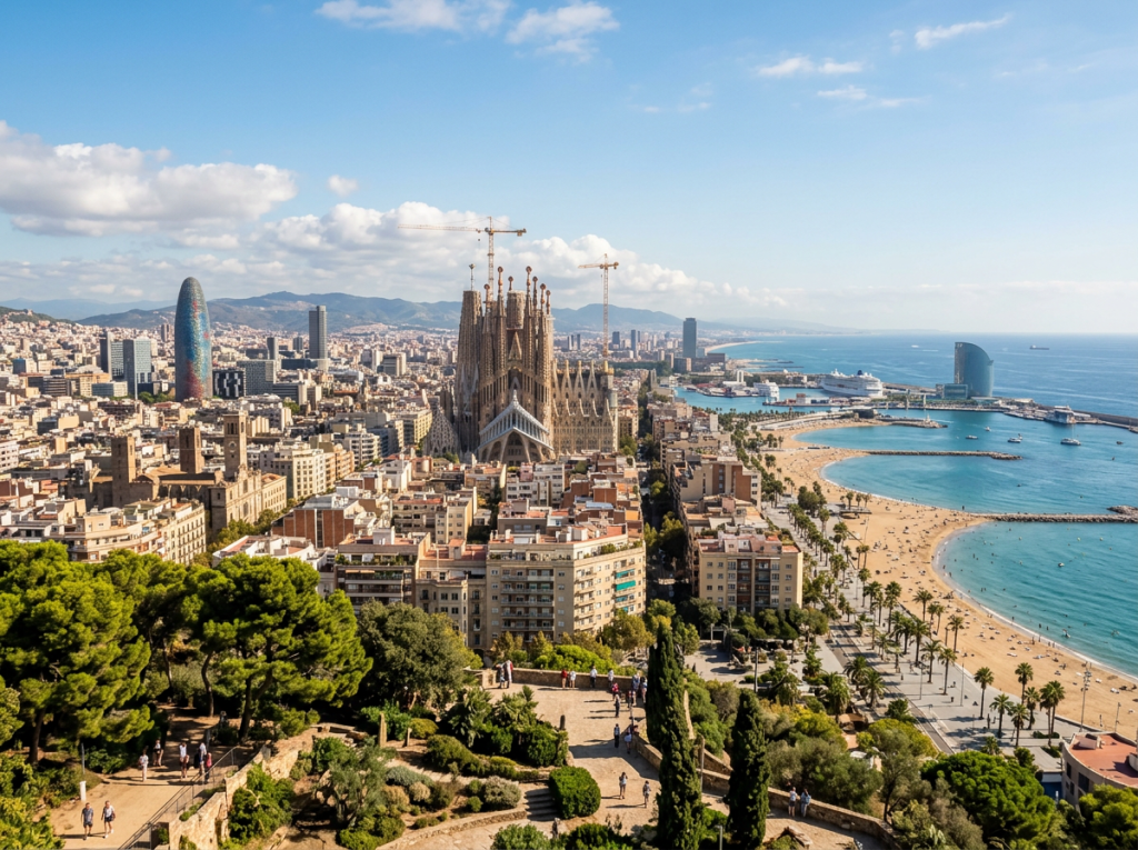 Panoramic view of Barcelona with Sagrada Familia basilica, beach, and urban landscape