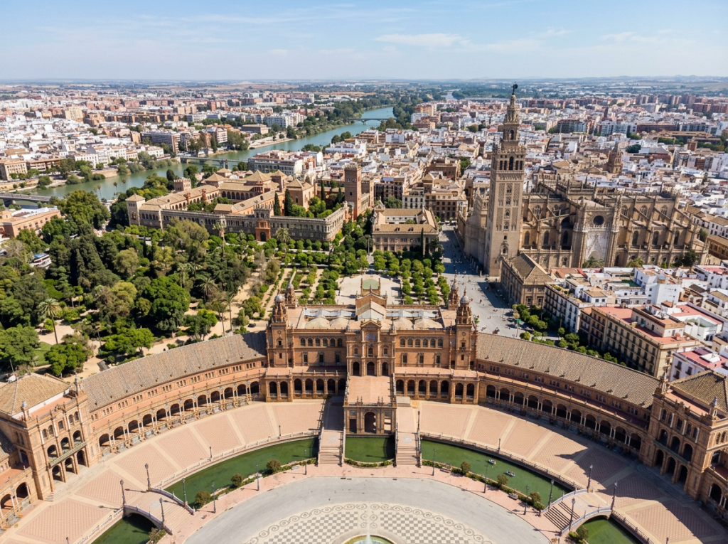 Aerial view of Plaza de España with river and Seville city in background