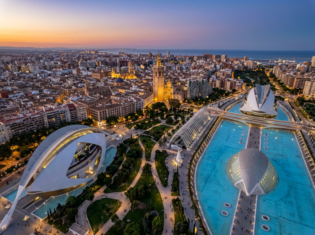 Aerial view of Valencia city with modern architecture and historic cathedral at dusk