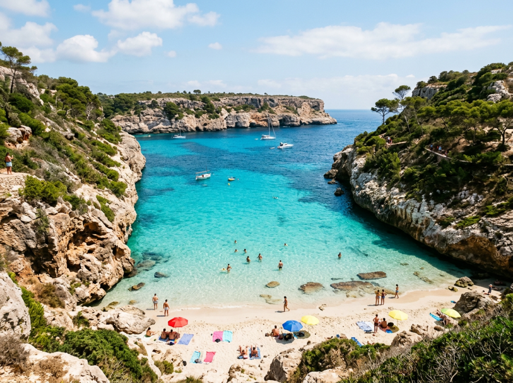 People sunbathing on sandy beach and swimming in turquoise cove with cliffs