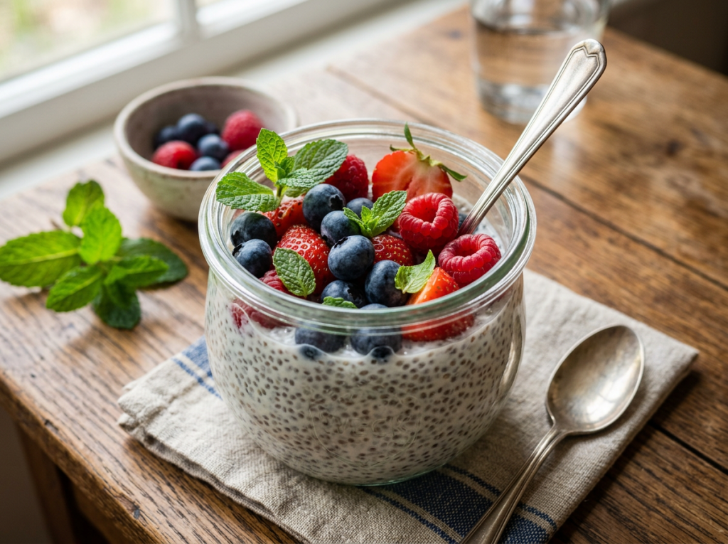 Chia pudding in a glass jar topped with blueberries, raspberries, strawberries, and mint leaves on a wooden table