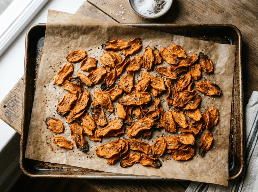 Baked sweet potato chips on parchment paper with salt and herbs sprinkled