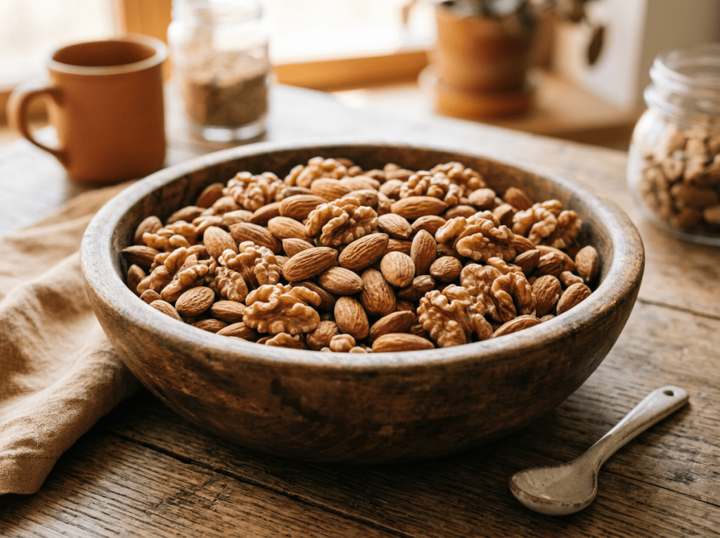 Wooden bowl containing walnuts and almonds on a wooden surface