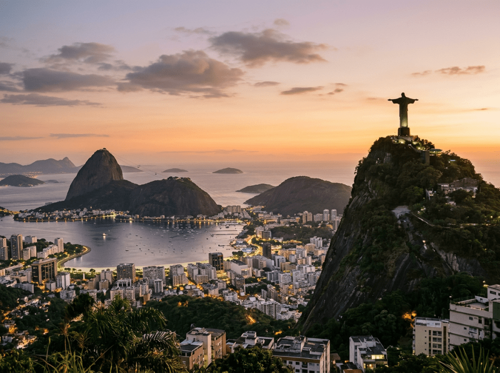 Christ the Redeemer statue on a hill overlooking Rio de Janeiro city and bay at sunset