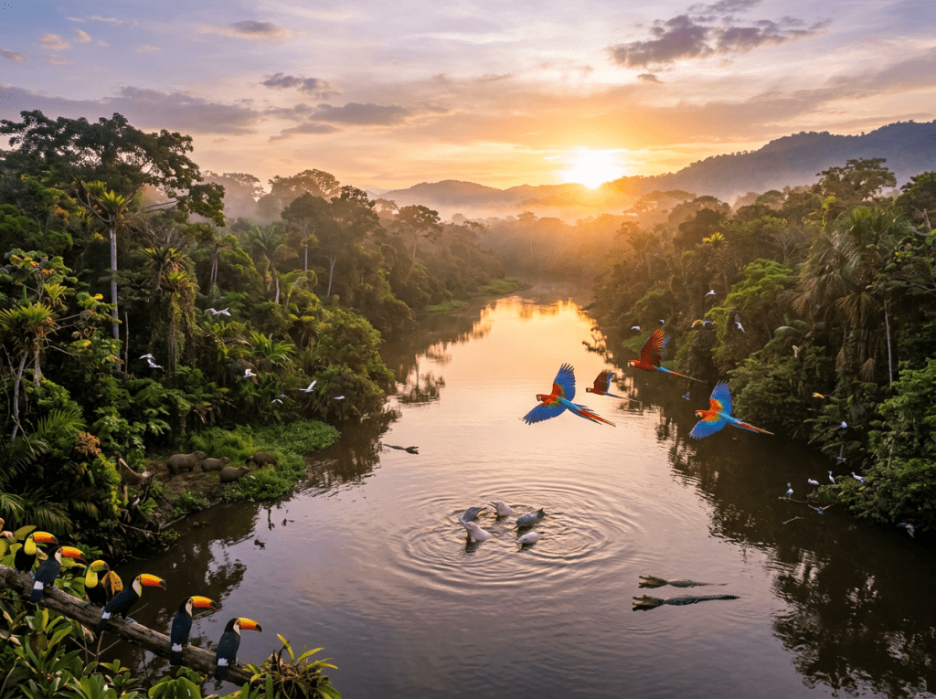 Tropical river at sunrise with toucans, parrots flying, capybaras near water, and alligators swimming