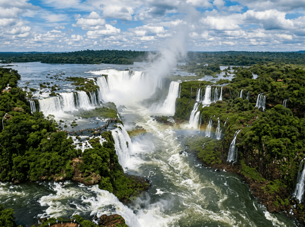 Multiple large waterfalls cascading into a turbulent river with a rainbow and dense green forest around.