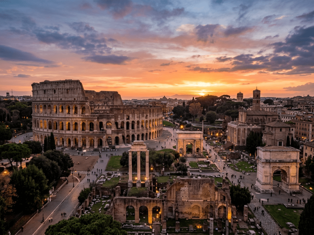 The Colosseum and Roman Forum illuminated at sunset with a colorful sky