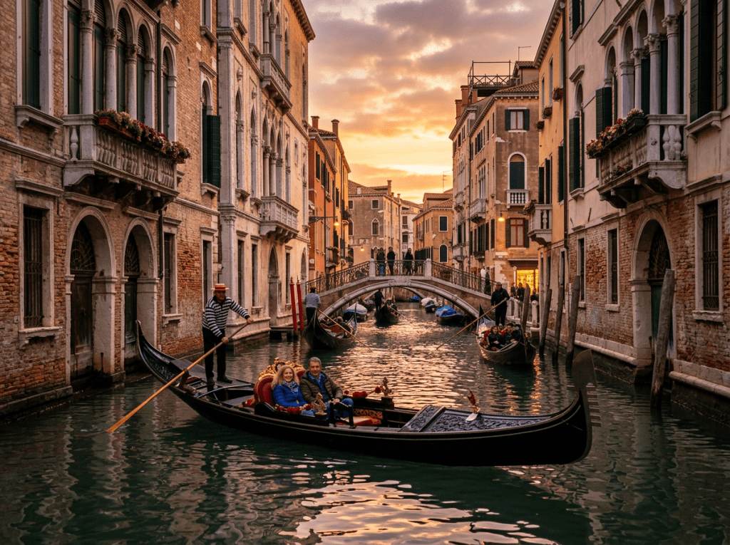 Gondola with passengers floating on a Venice canal at sunset under a small stone bridge